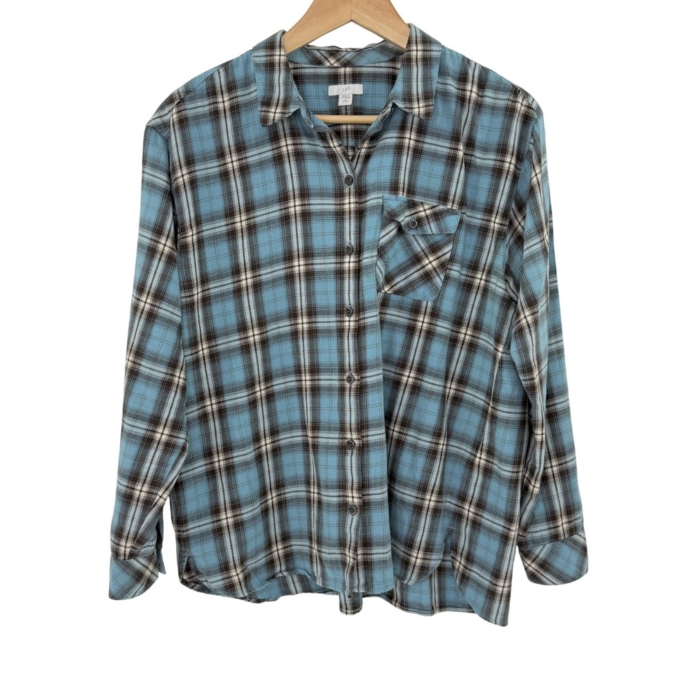 J.Jill Blue Plaid Cotton Button Down Long Sleeve‎ Relaxed Fit Shirt Sz Petite M